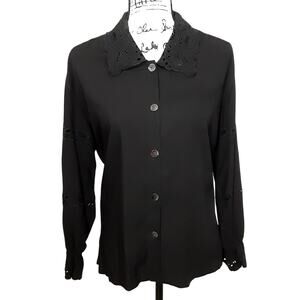 Vintage 80s Black Button Down Shirt Lace Collared Womens S Whimsy Goth Vampire